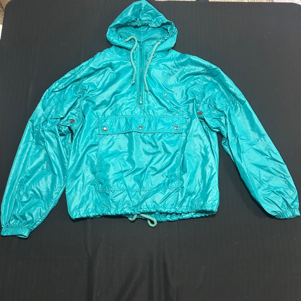 Vintage Izod Teal Nylon Windbreaker Half Zip Hooded Jacket Mens Size Medium